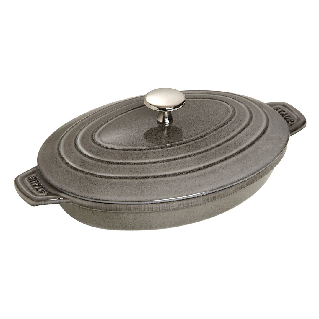 STAUB Ovales Gusseisen-Bratgeschirr mit Deckel 23 x 17 cm, grau