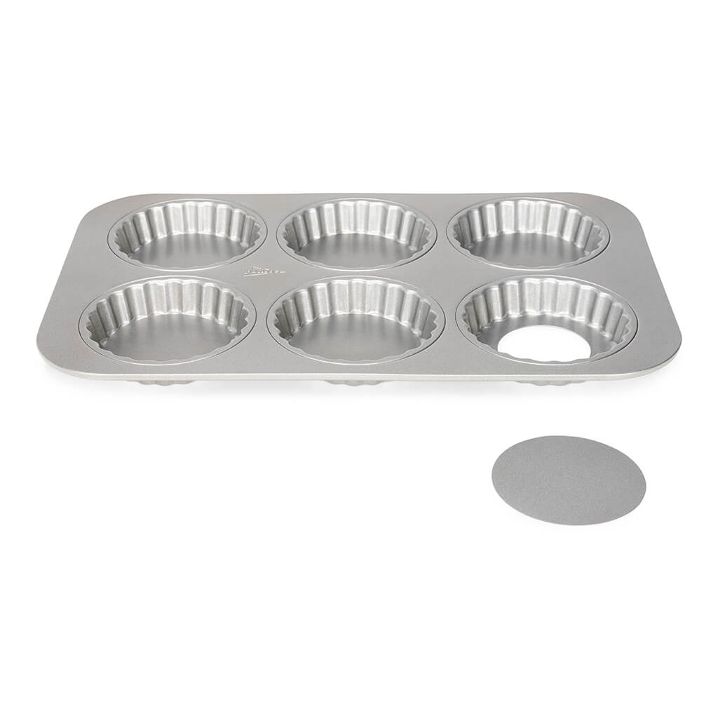 PATISSE SILVER-TOP Mold for 6 round mini tarts/quiches with a removable bottom.